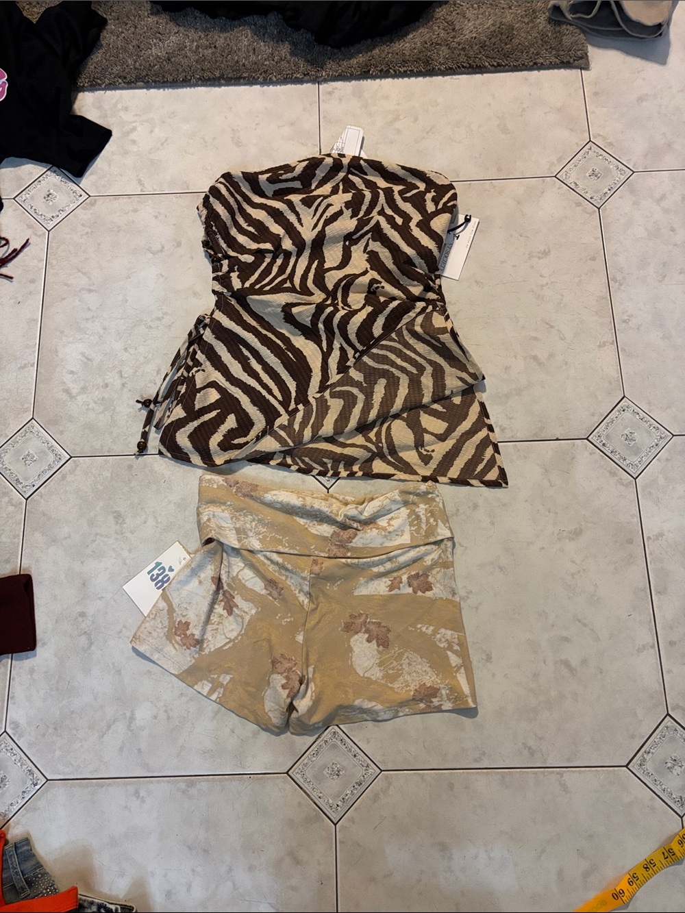 Strapless Zebra-Print Sleep Top and Floral Shorts Set - Brown/Cream